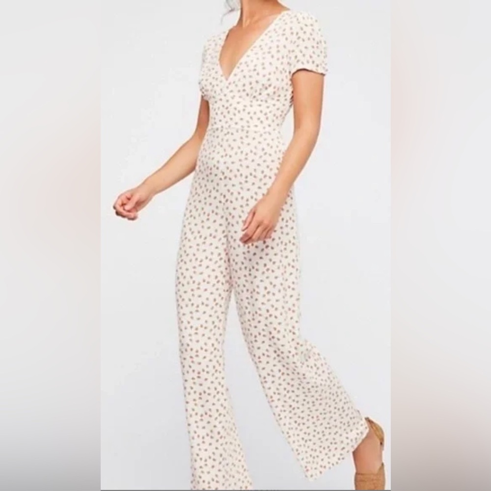 Free People Cream Floral V-Neck Jumpsuit